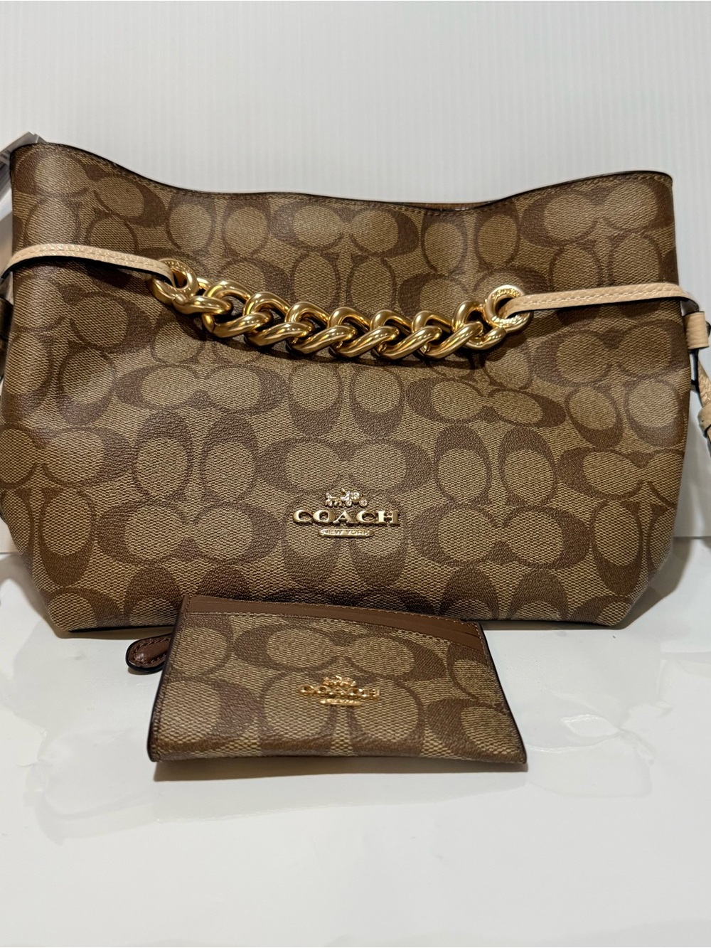 Coach Brown Signature Canvas Shoulder Bag with Gold Chain
